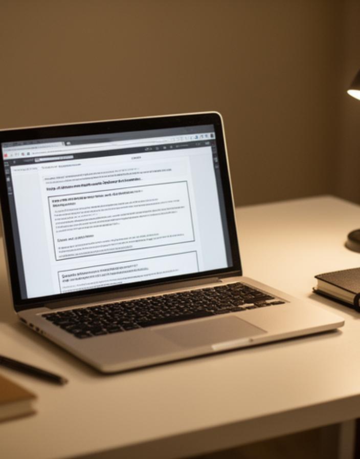 Laptop screen showing a clean terms page beside a notebook and a desk lamp
