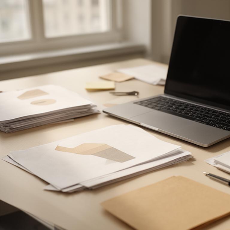 Desk with printed policy pages, a laptop, and tidy office notes beside a window