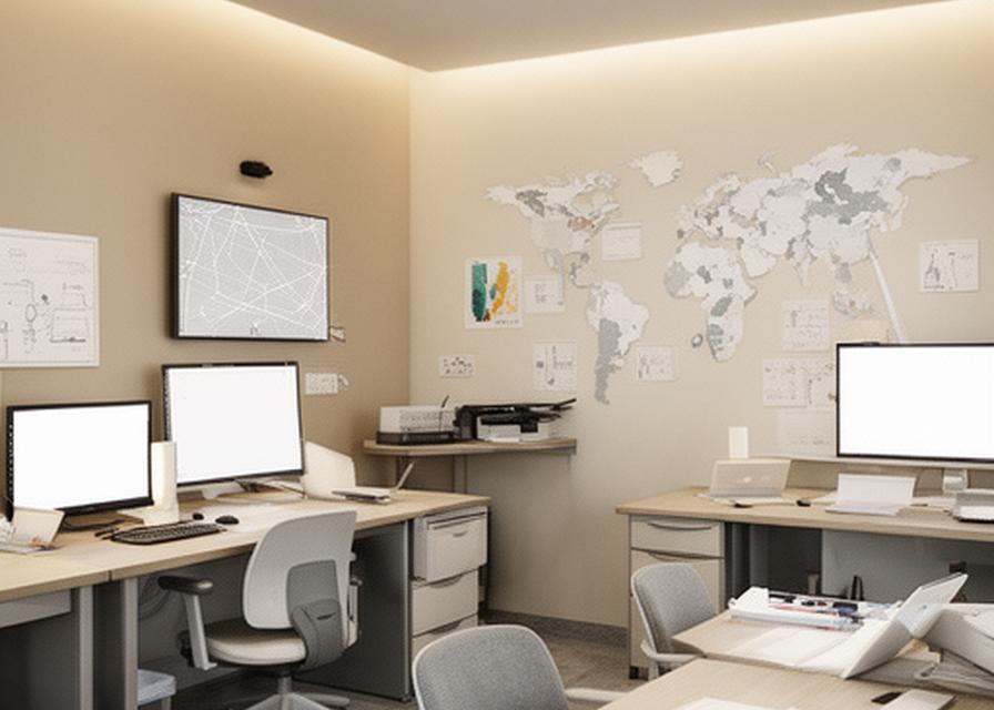 Small technology office near Tonyrefail with desk space and a wall map reference