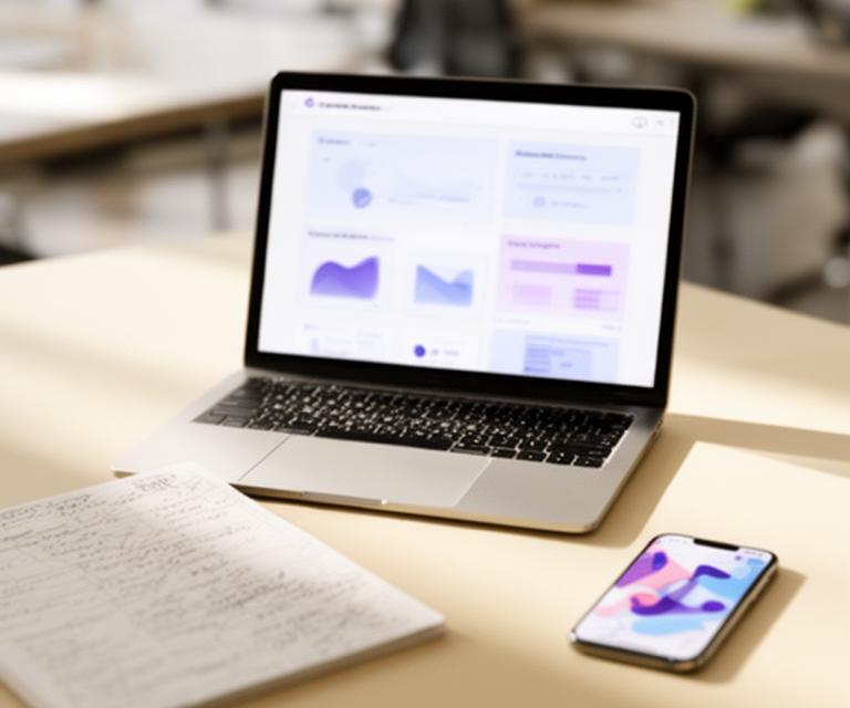 Project dashboard on a laptop beside notes and a phone in a bright office