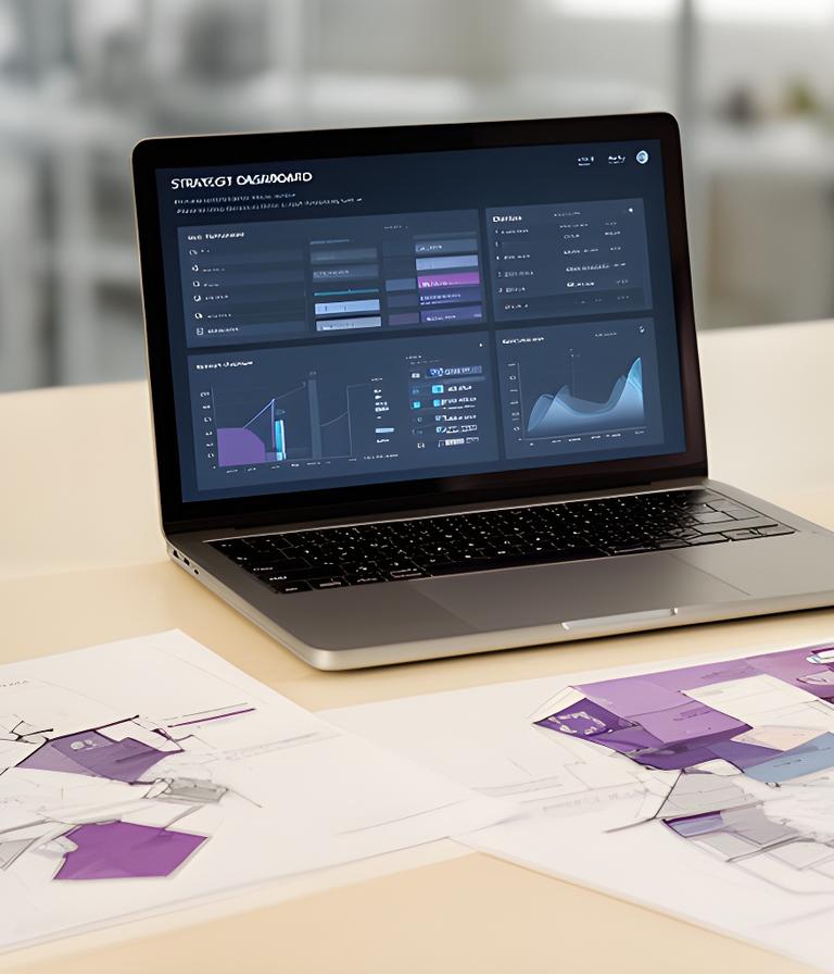 Strategy dashboard on a laptop beside printed architecture diagrams and colour-coded planning notes