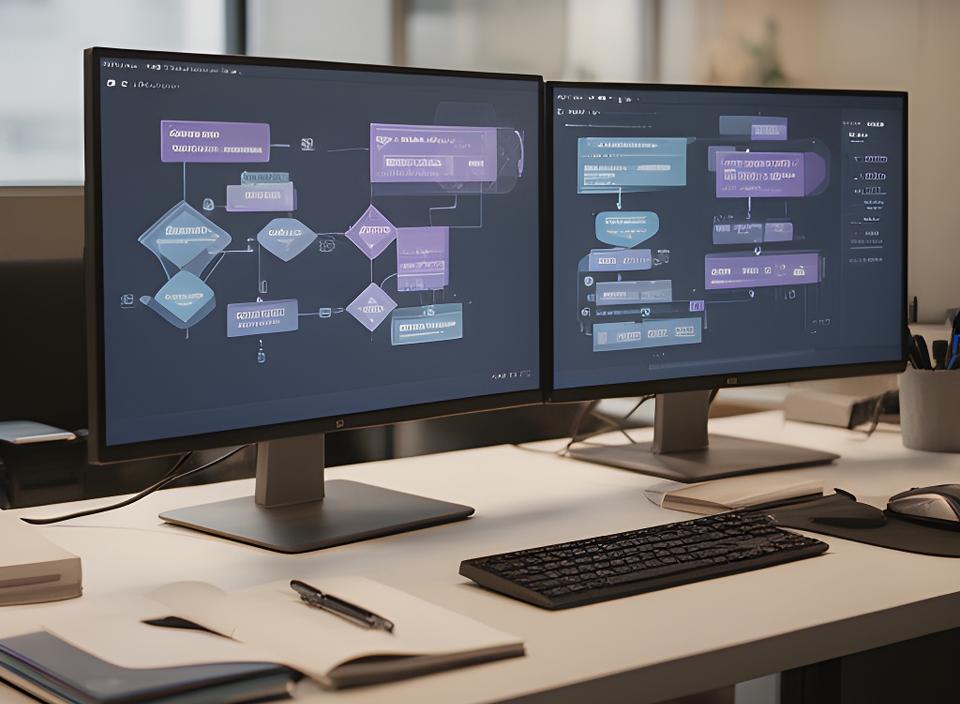 Developer desk with two screens showing system diagrams in a tidy office