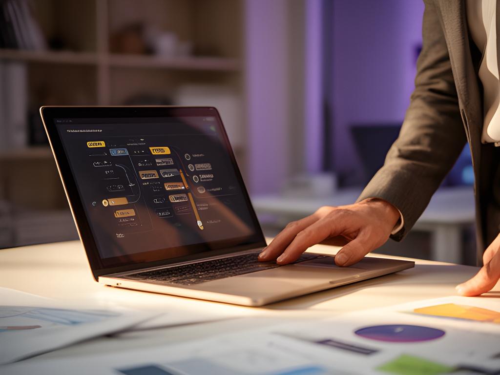 Consultant reviewing an IT roadmap beside a monitor in a tidy office with planning notes on the desk