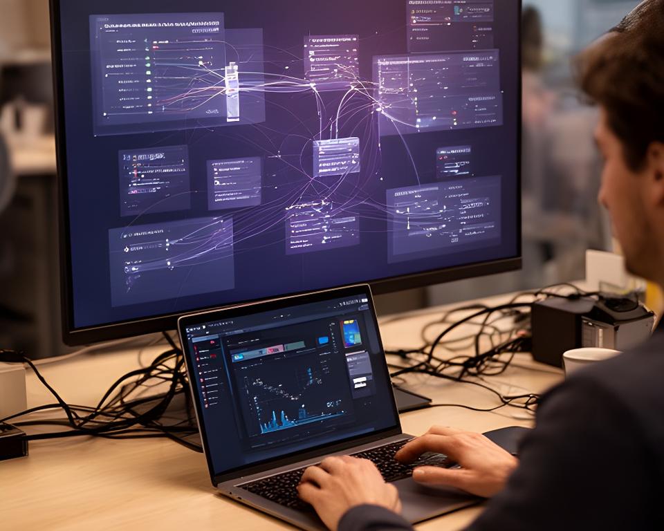 Developer reviewing system connections on a desk with a live integration dashboard on a large screen